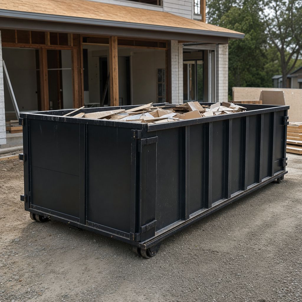 Large matte-black 30-yard construction roll-off dumpster at an active Topeka jobsite, steel-gray top rails and bottom rollers visible, loaded with construction debris.