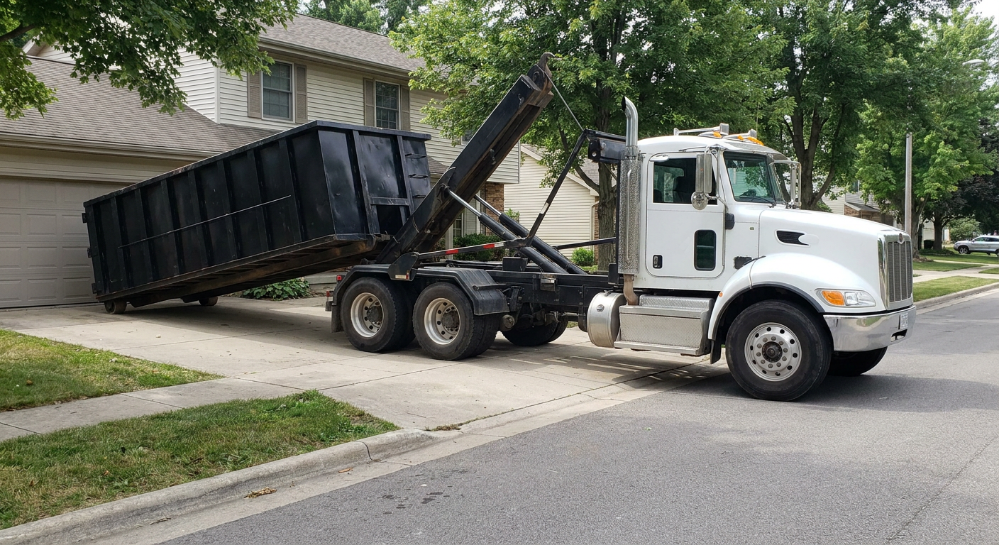 White-cab hooklift roll-off truck actively lowering a matte-black dumpster onto a Topeka residential concrete driveway, the dumpster's rear wheels touching the driveway as the hoist arm tilts the bed forward, mid-morning daylight.