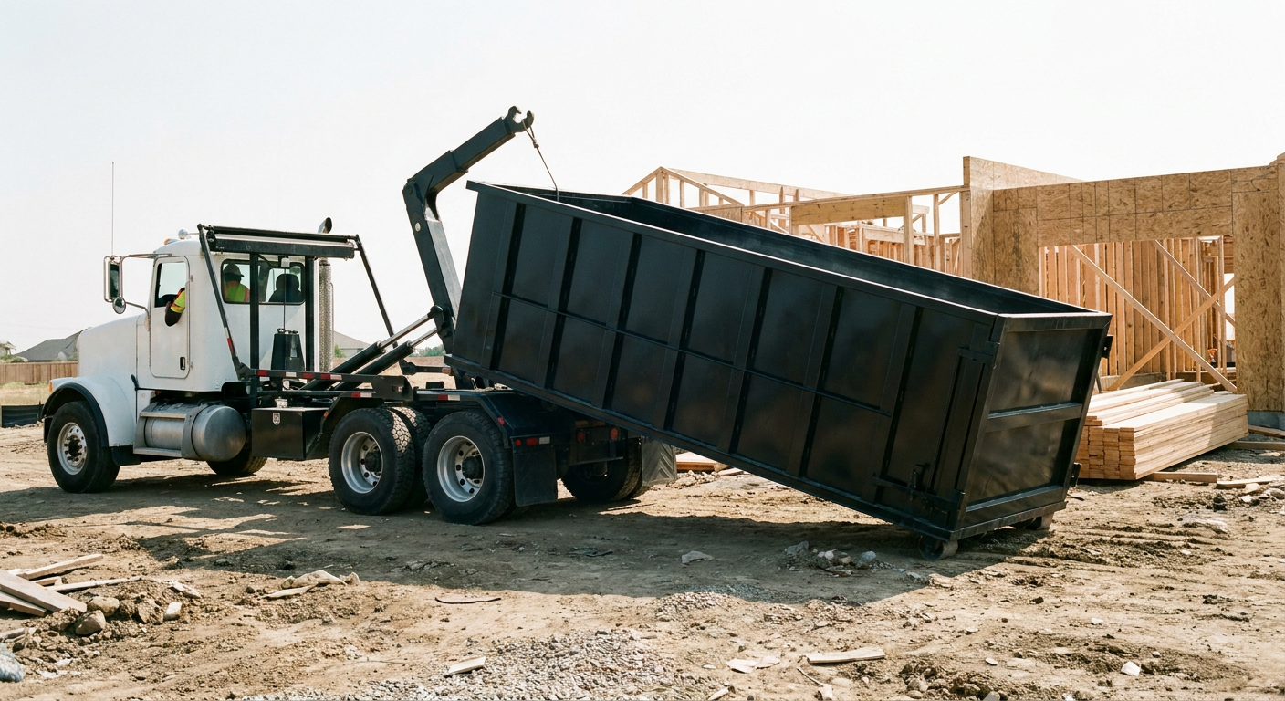 Matte-black roll-off dumpster being delivered onto a clean residential concrete driveway in Topeka by an unmarked white hooklift hauler truck, bright morning daylight, documentary 35mm perspective.